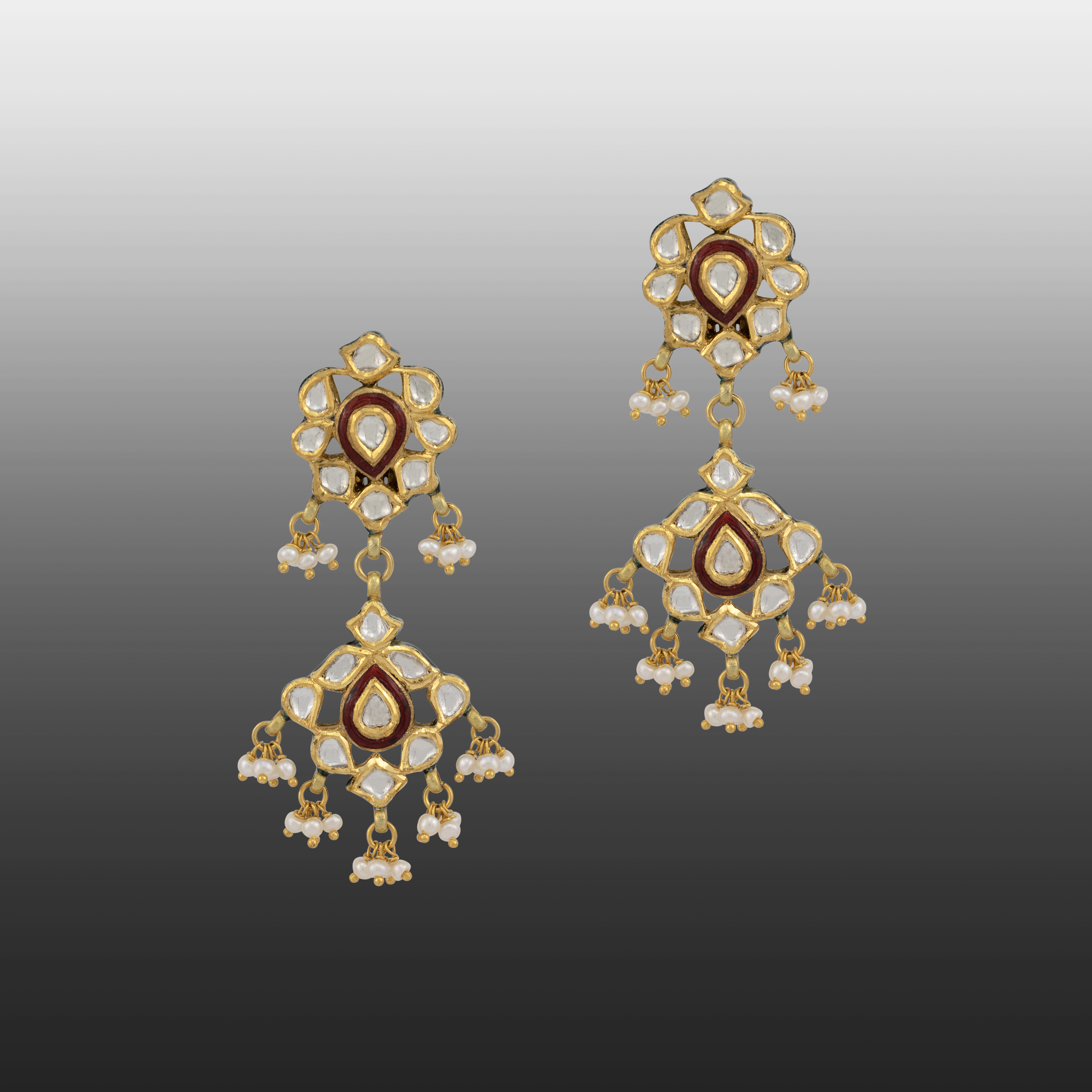 Polki Chandelier Earrings with Red Enamel and Pearl Clusters